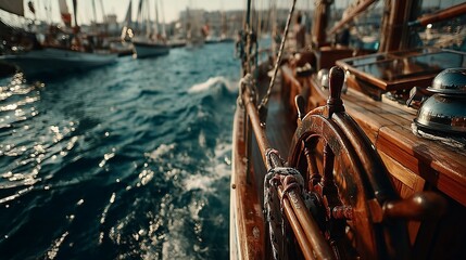 Wooden ship's wheel in action