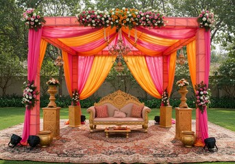 An outdoor wedding ceremony setup showcases a mandap with vibrant pink and orange fabrics, ornate gold pillars, plush seating, and abundant colorful floral decorations