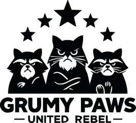 Black and white illustration, three grumpy animals, raccoons and cat, cartoon style, angry expressions, crossed arms, stars above, bold text below, logo design, united rebel theme, silhouette style, m