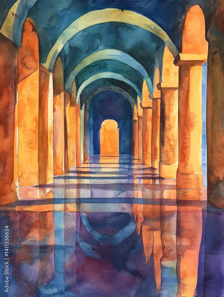 Poster reflective columns and arches - watercolor painting of a long colonnade with arched ceilings, reflec