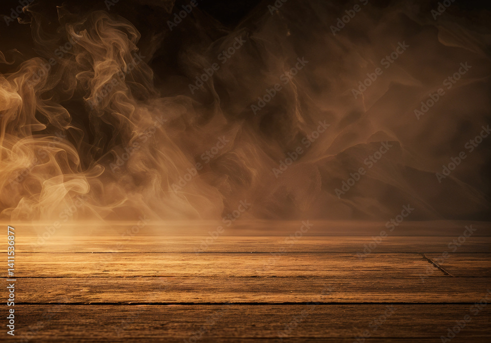 Poster abstract wooden background with clouds of smoke or fog . generative ai