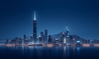 Obraz premium Blue night sky and lights of city buildings.