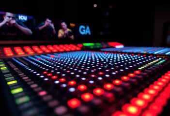 Professional Audio Mixing Console with Red and Blue Lights Soundboard Close up in Recording Studio