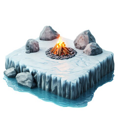A serene winter campfire scene on a snowy island surrounded by icy rocks and water