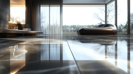 Modern Interior Design: Polished Marble Floor Reflecting Sunlight and Minimalist Furniture