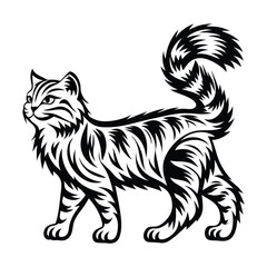 Stylized Walking Cat Illustration, Black and White Feline, Bold Line Art, Domestic Pet
