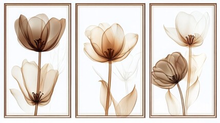 3D render of floral wall art in three vertical frames on a white background