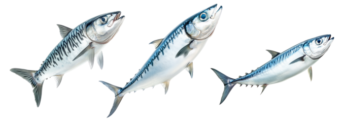 Set of Fresh Spanish mackerel fish with detailed scales and fins isolated on white transparent background. Concept of seafood and marine life