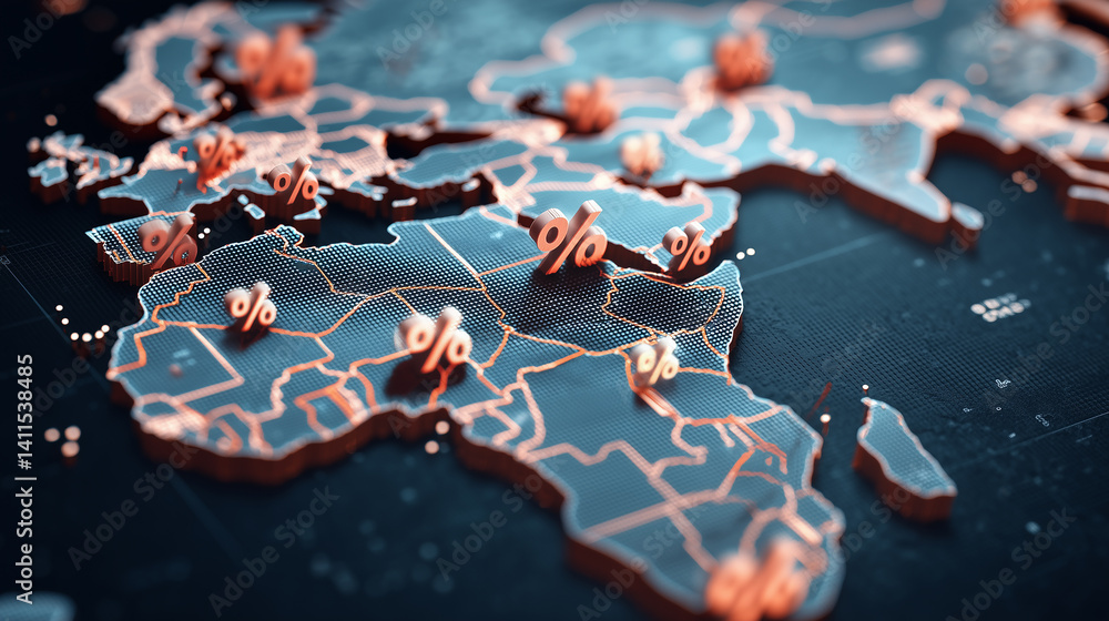 Poster digital world map with percentages representing economic data and growth trends in global markets fo
