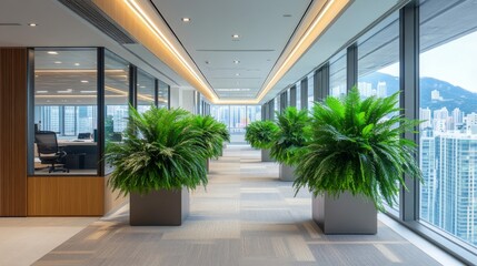Modern Office Hallway with City View and Greenery