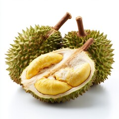 Fototapeta premium Durian fruit halved and whole on white background