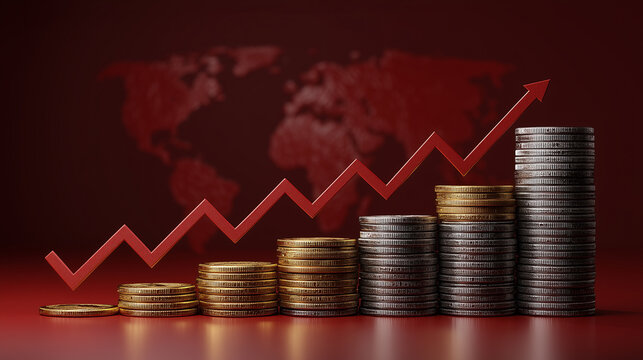 Gold and silver coins stacked with rising graph representing financial growth, investment success, and market development in a global economy
