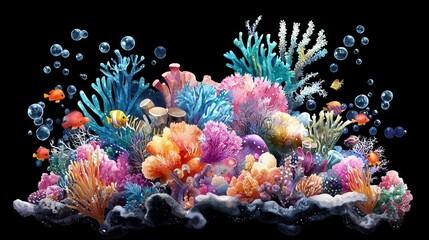 Obraz premium Vibrant Coral Reef Scene with Colorful Fish and Bubbles Underwater