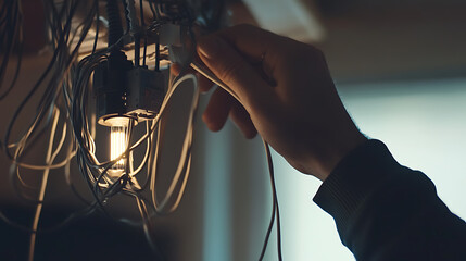 Electrician wiring a new light fixture in a residential home. Featuring electrical installation and home improvement