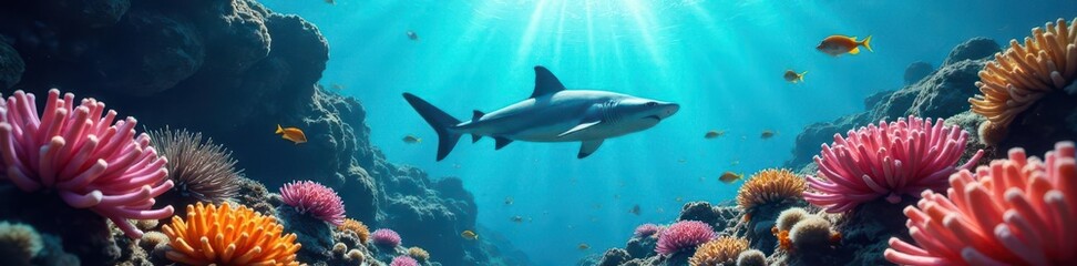 Naklejka premium A sleek shark glides through a kaleidoscope of coral and tropical fish , marine wildlife, fish