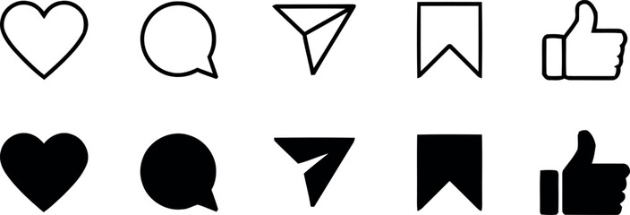 Set of Generic Social Media UI Icons – Like, Comment, Share, Save – Flat Outline Vector Icons Isolated on White