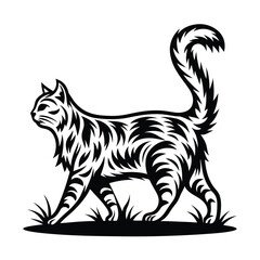 Silhouette of Elegant Striped Walking Cat with Curled Tail in Black and White Design