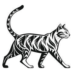 Abstract Walking Cat Silhouette with Intricate Pattern Designs in Black and White