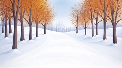 Obraz premium Winter Pathway Through Orange Trees - Serene winter landscape, snow covered path lined with orange-leafed trees, peaceful and tranquil scene