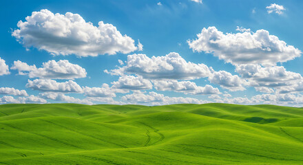 abstract minimalism background with natural landscape of green hills and clouds . Generative AI