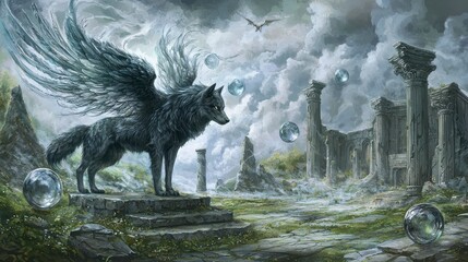 Majestic Winged Wolf in Ancient Ruins Fantasy Art