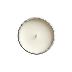 A top view of a clean, white candle in a metal tin, set against a plain background