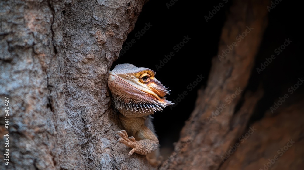 Poster close up of a bearded dragon in a tree, lizard has tan scales with a spiky beard and orange markings