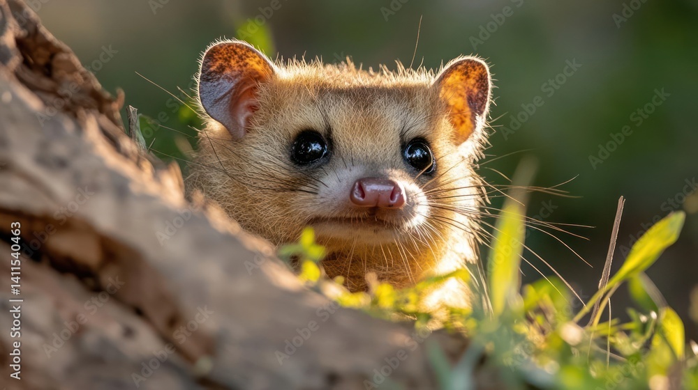 Poster Detailed close-up of a yellow mongoose in natural lighting peeking out from behind a fallen log with green grass in the foreground and soft green background, capturing the animal's curiosity and the