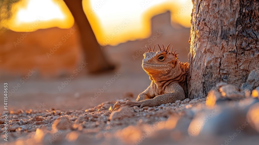 Poster close-up of a juvenile galápagos land iguana resting near a tree trunk, its spiky crest and textured