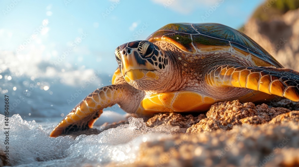 Aufkleber close up of a sea turtle on sandy beach with ocean waves, warm sunlight illuminating the turtle's sh