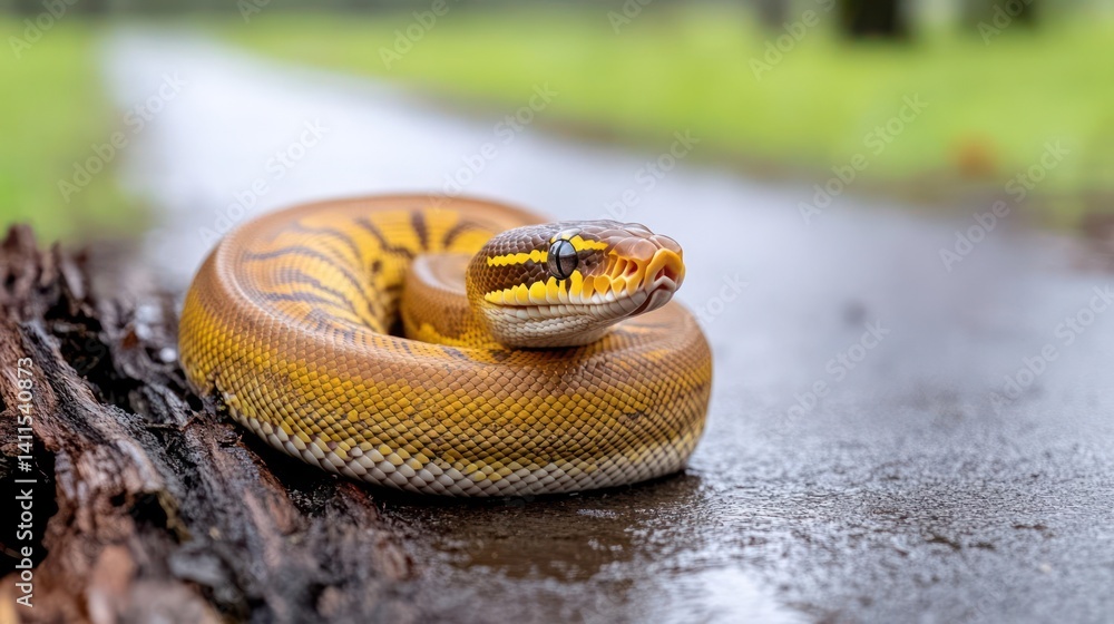 Poster eye-level shot of a coiled, brown and yellow reticulated python on a wet, gray surface, possibly a r