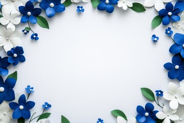 Blue and White Floral Frame Design - Elegant blue and white paper flowers arranged in a frame, symbolizing beauty, serenity, purity, springtime, and new beginnings