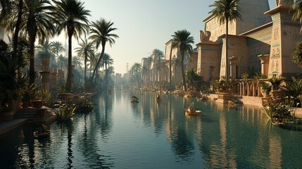 Obraz premium Ancient Egyptian canal scene with palm trees.