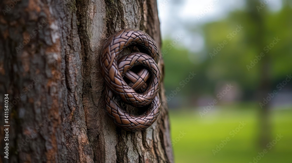 Poster Close up of a decorative metal coiled snake attached to the bark of a tree, with green grass and trees blurred in the background. The snake's texture and tree bark details are clearly visible