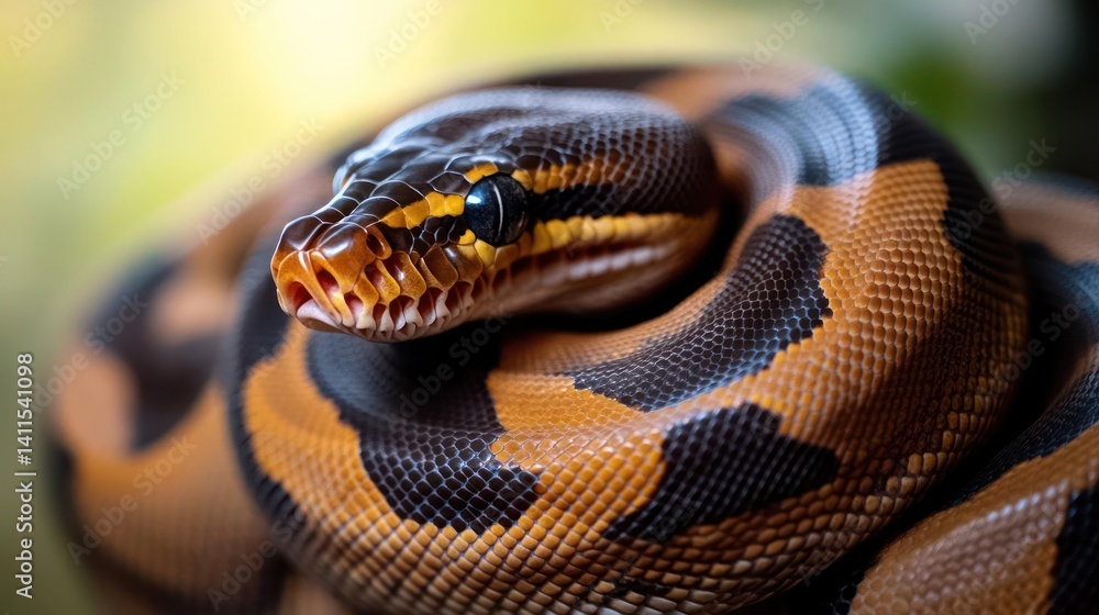 Poster close-up of a curled ball python with a dark brown and orange scale pattern, set against a blurred g