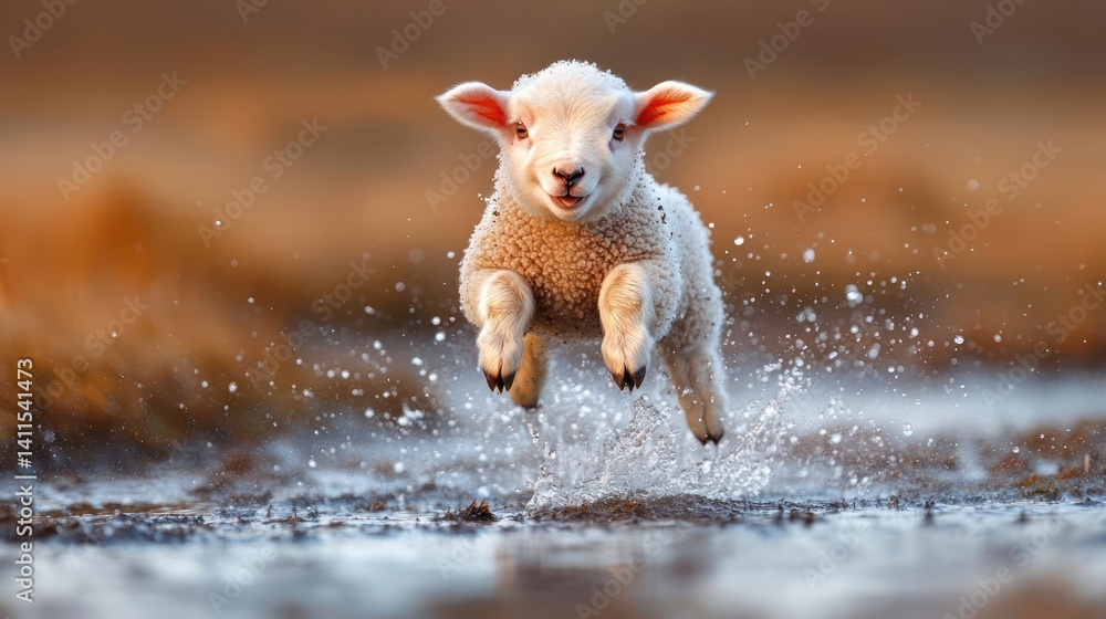 Poster a fluffy white lamb leaps joyfully over a shallow puddle, water splashing around its hooves. the bac