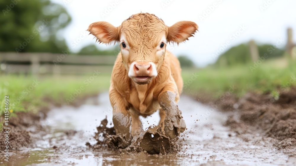 Poster a calf splashes through a muddy puddle on a farm road. the young animal has light brown fur and is r