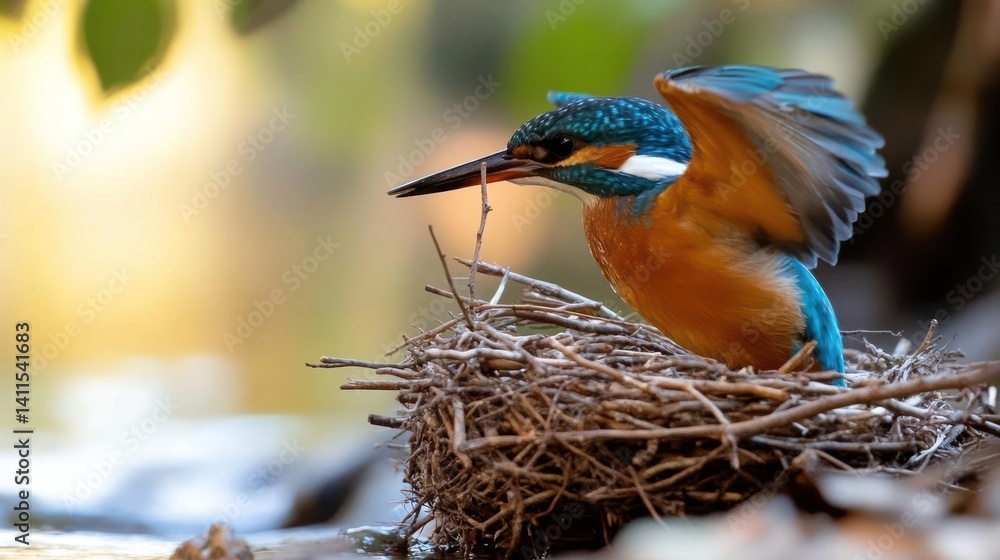Poster close-up shot of a vibrant kingfisher, identified by its striking orange and blue plumage, perched o