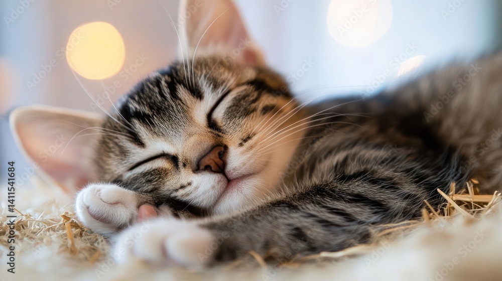 Poster close-up portrait of a sleeping tabby kitten on a cream-colored shaggy blanket with blurred bokeh li