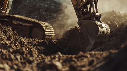 Excavator digging a trench for a new construction project. Featuring earthwork and excavation