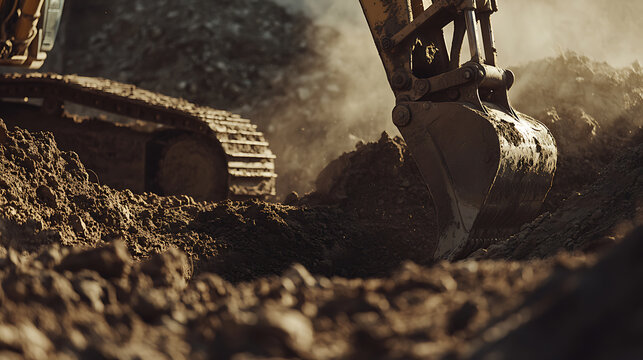 Excavator digging a trench for a new construction project. Featuring earthwork and excavation