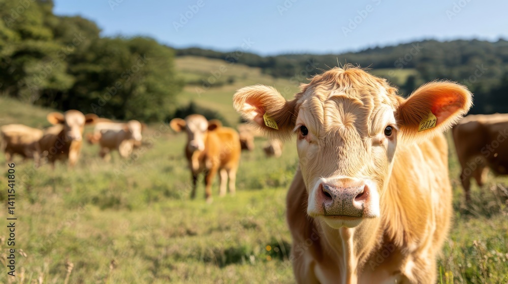Aufkleber captured in a low-angle, a brown cow grazes in a green field with trees under a clear blue sky, seve