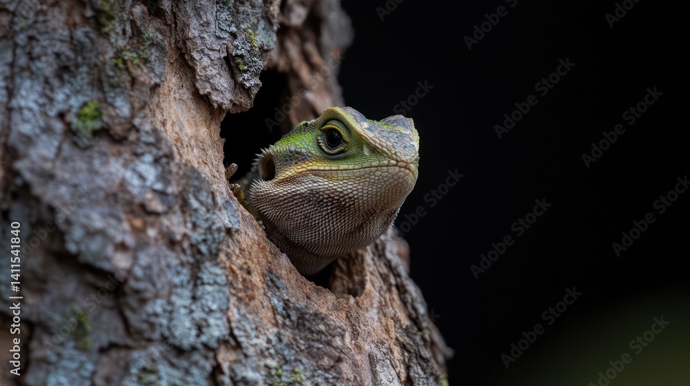 Aufkleber Close-up of a green and gray lizard peering out from a hollow in a textured tree trunk. The lizard's head is prominently featured against a dark background, emphasizing its detailed scales and