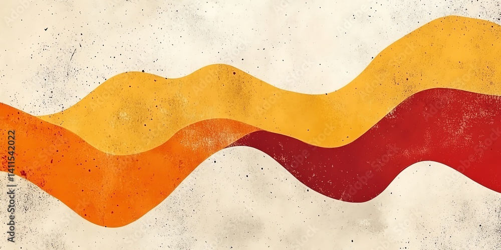 Poster abstract artwork featuring flowing orange and red waves on a textured beige background. perfect for 