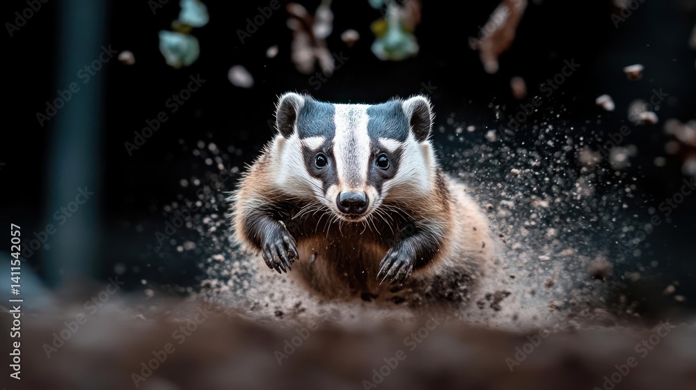 Poster a badger leaps forward with a determined expression, its distinctive black and white markings contra