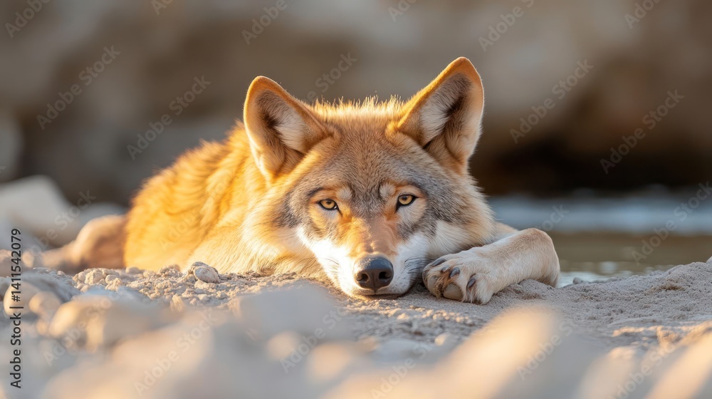 Poster close up shot of a relaxed coyote resting on rocks near water with soft, golden sunlight illuminatin
