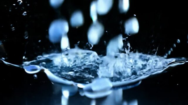 Super slow motion video of small blue lapis lazuli pebbles dropping into water, isolated on black background, filmed on high-speed cinema camera