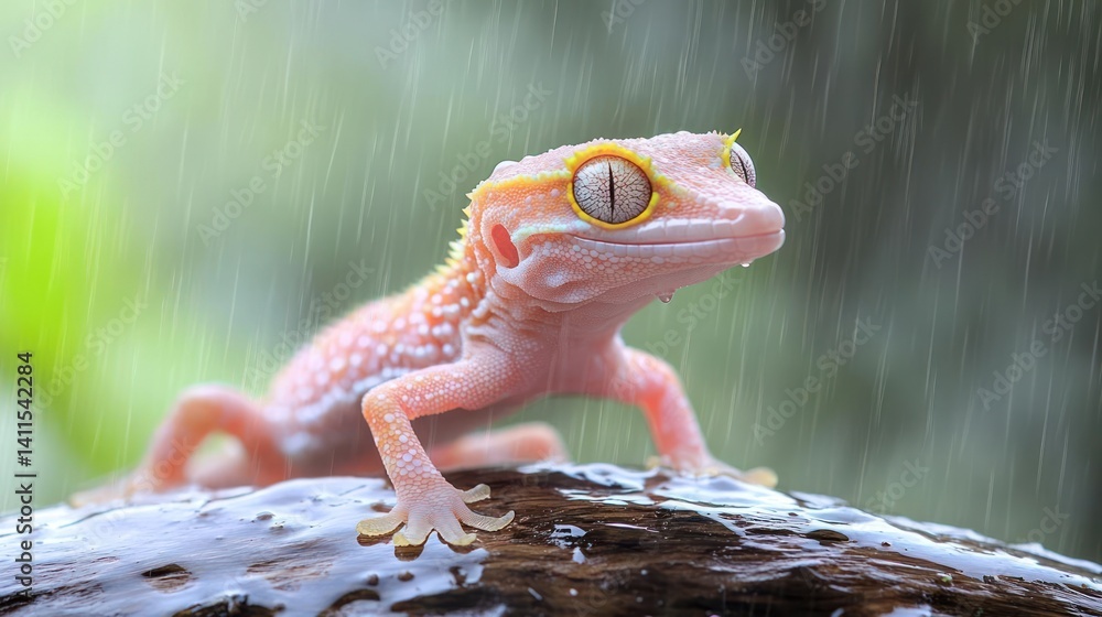 Poster close up shot of a peach colored gecko with spots perched on a wet log during a rain shower, showcas
