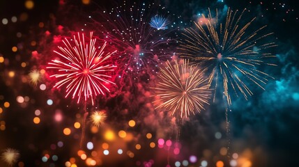 Fototapeta premium Fireworks in the night sky. Fireworks explode in the sky at night. A generative ai showing lighting. Pyrotechnics illuminating lifestyle the nighttime sky.