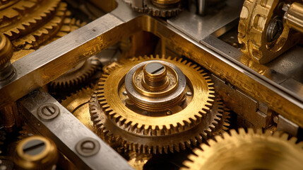 Golden gears in mechanical system, close up view